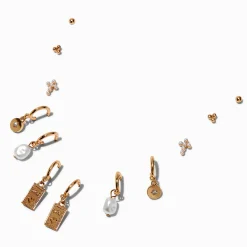 Claire's Anneaux|Clous D'oreilles-Boucles d'oreilles superposables créoles carte de tarot perle d'imitation couleur dorée - Lot de 6