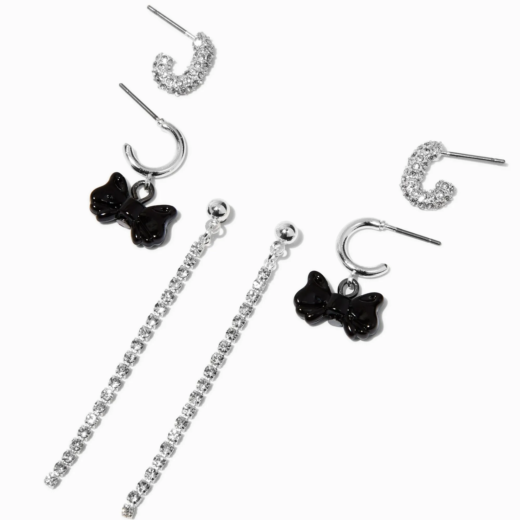 Claire's Anneaux|Pendantes-Boucles d'oreilles superposables chaîne de strass nœud noir couleur argentée - Lot de 3