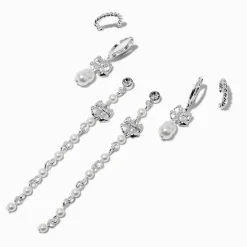 Claire's Anneaux|Pendantes-Boucles d'oreilles superposables perle d'imitation nœud couleur argentée - Lot de 3