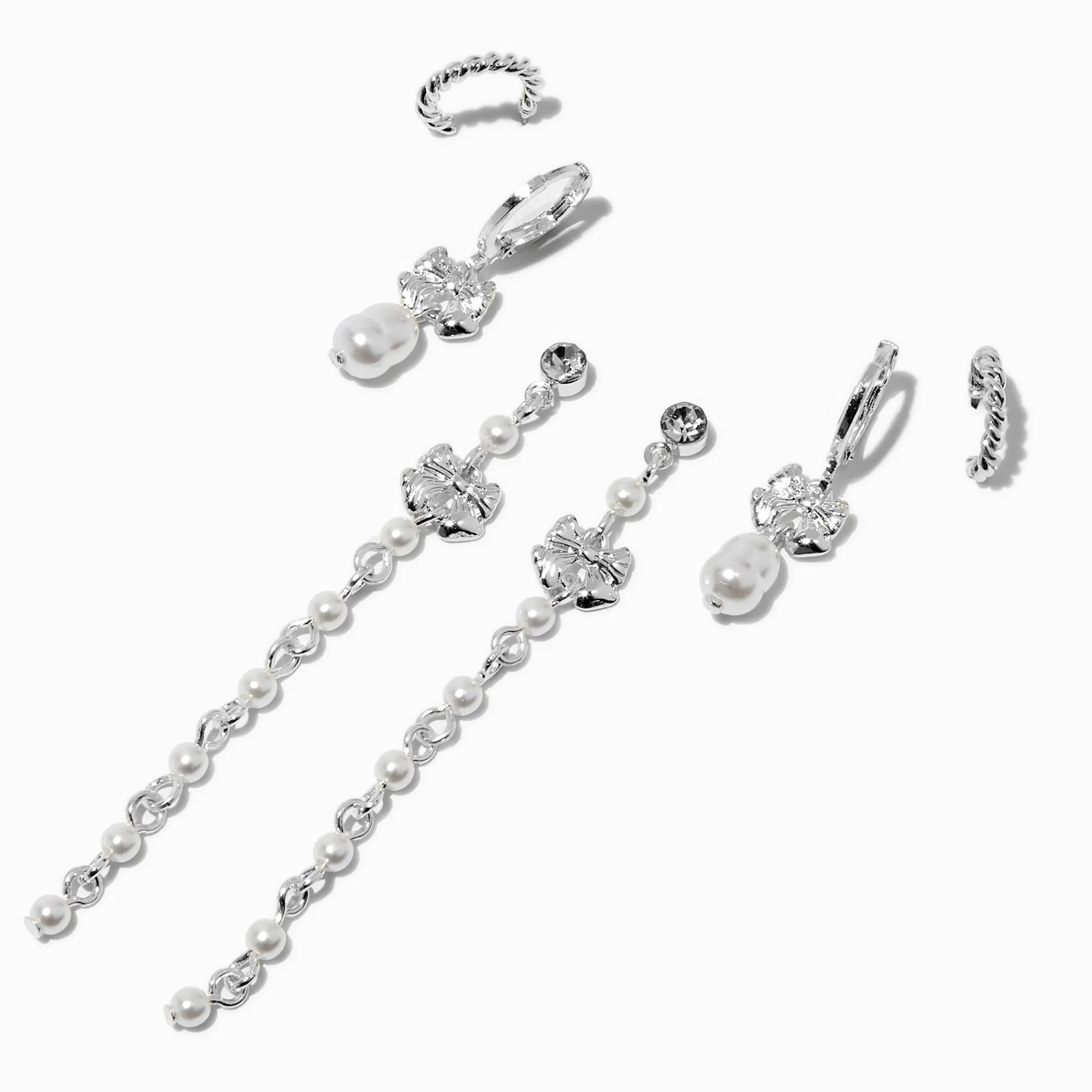 Claire's Anneaux|Pendantes-Boucles d'oreilles superposables perle d'imitation nœud couleur argentée - Lot de 3