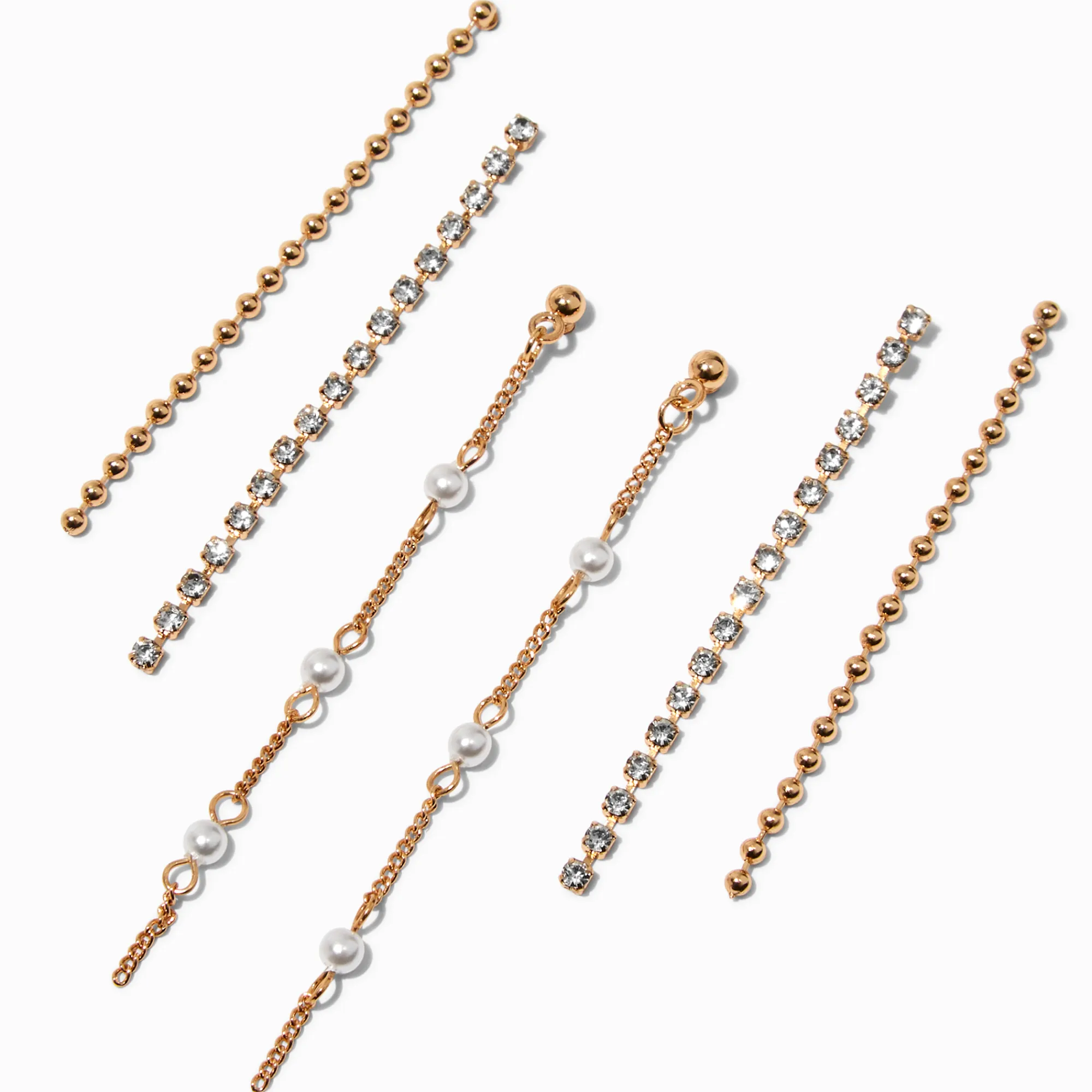 Claire's Pendantes-Boucles d'oreilles superposables perle d'imitation chaîne de strass couleur dorée - Lot de 3