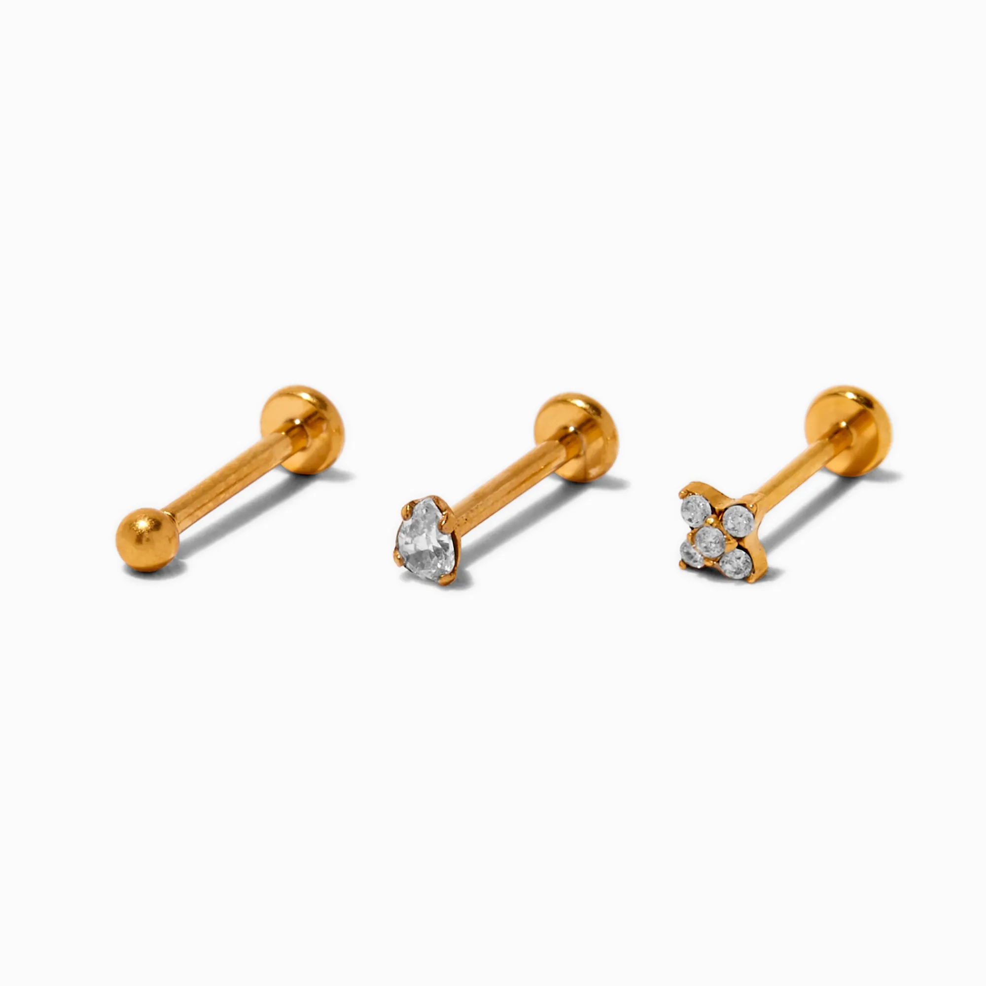 Claire's Bijoux De Piercing-Boucles d'oreilles tragus sans filet clou 1,0 mm en zircon cubique et titane couleur dorée - Lot de 3