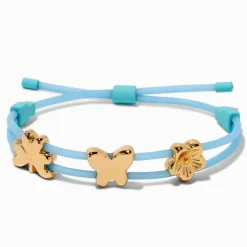 Claire's Bracelets-Bracelet bolo bleu avec breloque trèfle, papillon et fleur couleur dorée