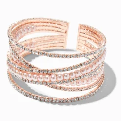 Claire's Bracelets-Bracelet manchette avec perles d’imitation et strass couleur doré rose