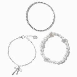 Claire's Bracelets-Bracelets de chaîne en strass avec nœud perle d'imitation couleur argentée - Lot de 3
