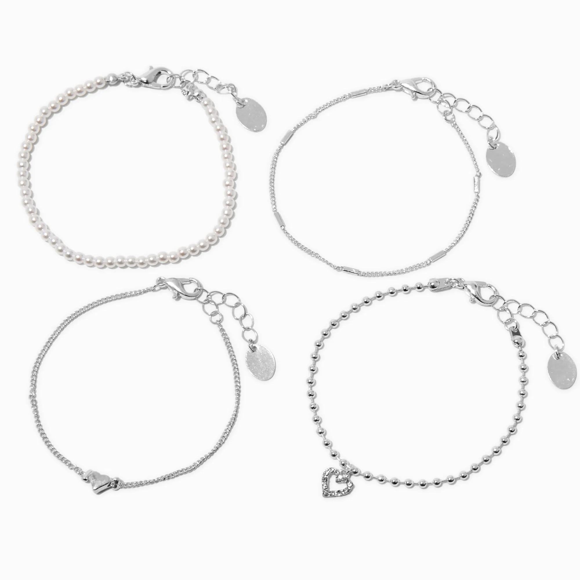 Claire's Bracelets-Bracelets de chaîne perle d'imitation et cœur couleur argentée - Lot de 4
