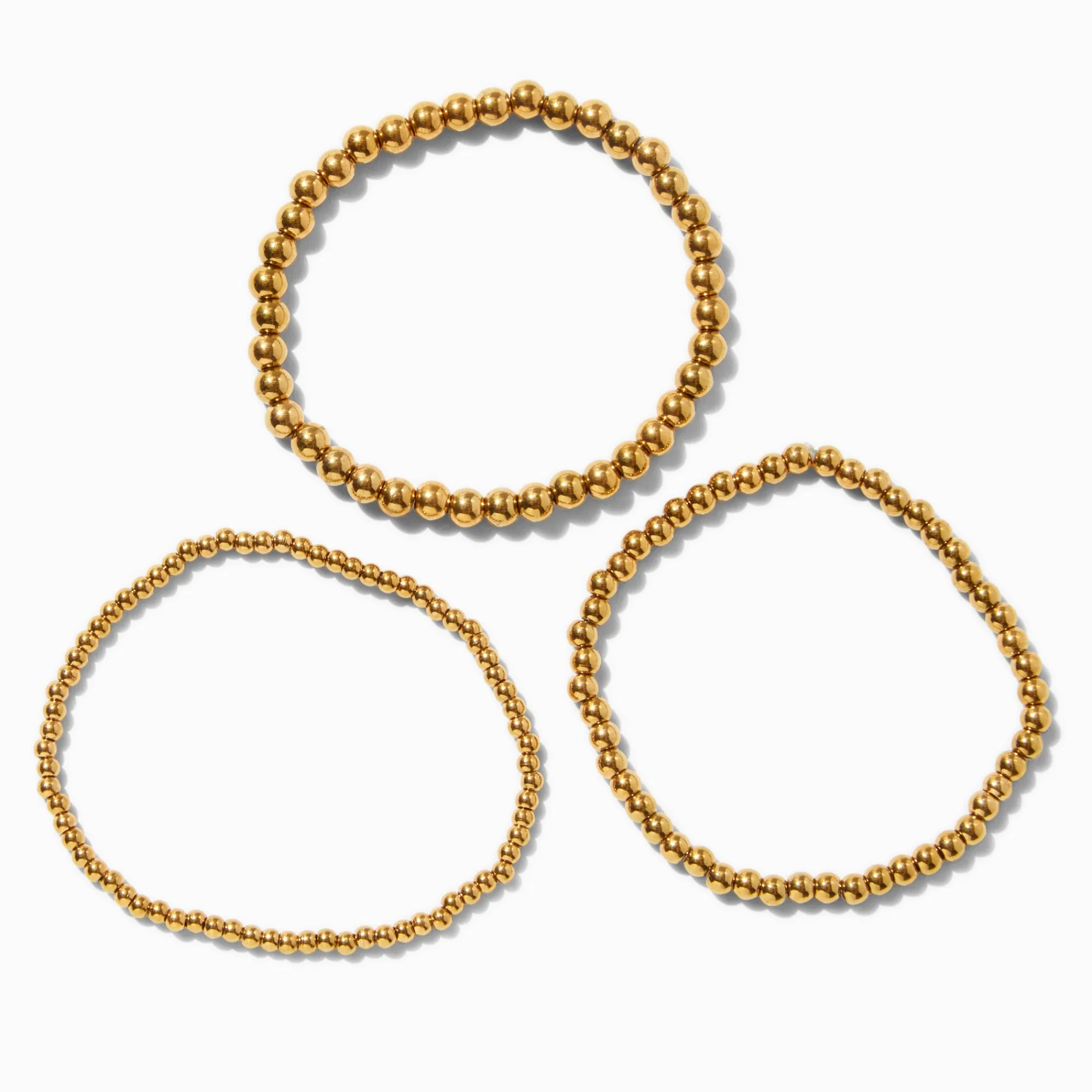 Claire's Bracelets|Bijoux Premium-Bracelets élastiques boule de tailles graduelles en acier inoxydable couleur dorée - Lot de 3