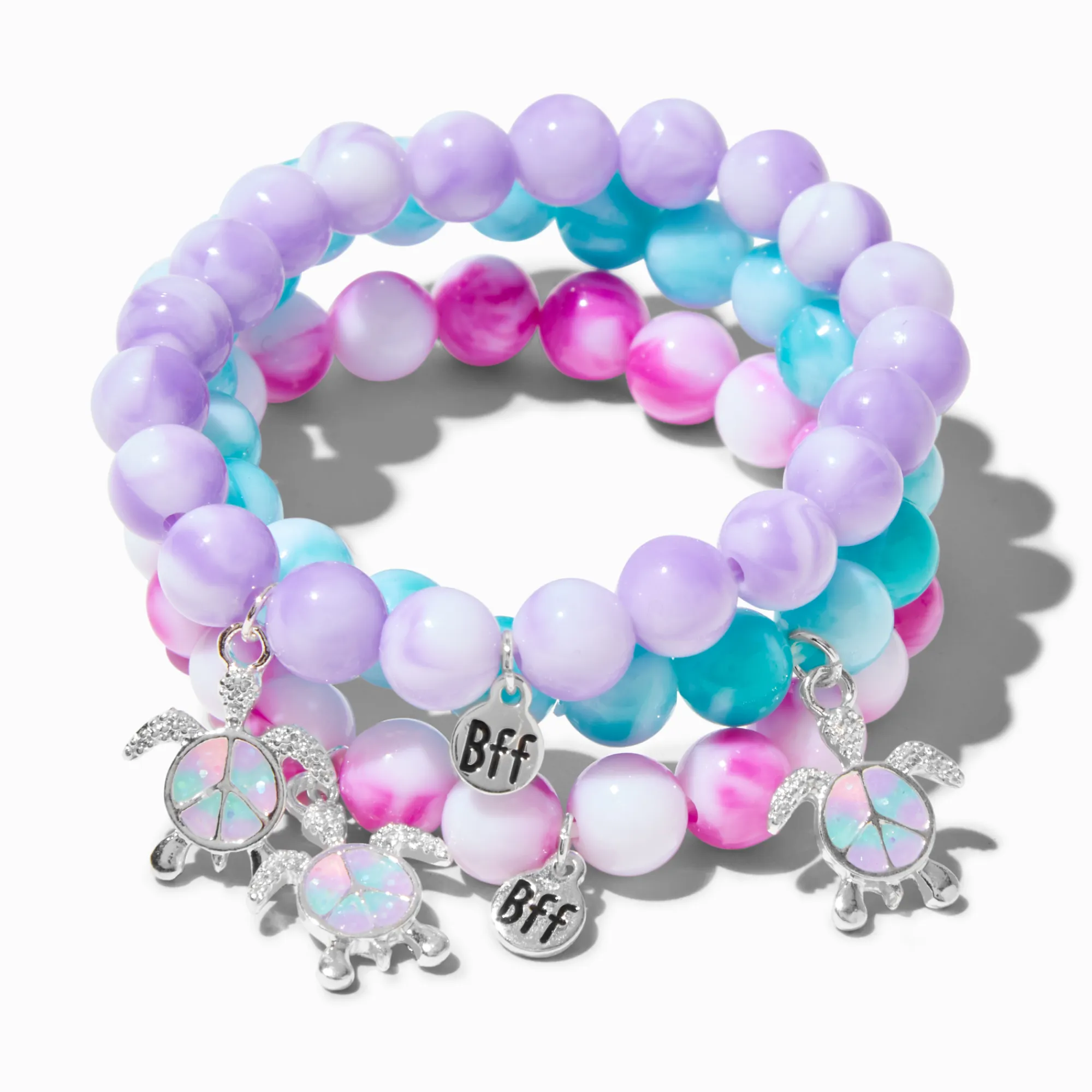 Claire's Bracelets-Bracelets élastiques perlés effet marbré signe de la paix tortue best friends - Lot de 3