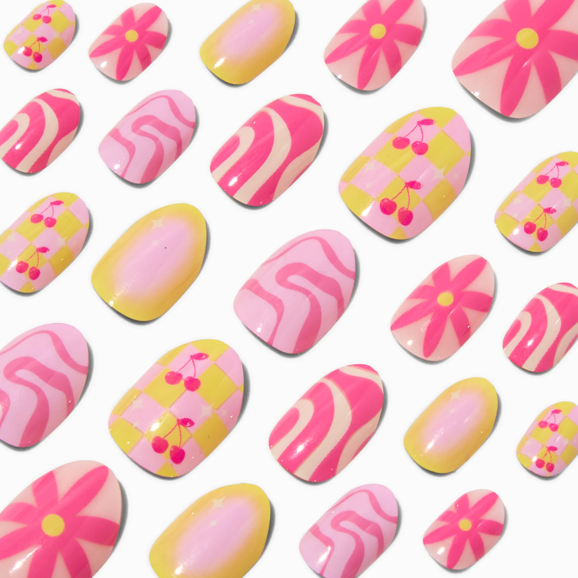 Claire's Ongles-Cherry & Daisy Swirl Stiletto Press On Vegan Faux Nail Set - 24 Pack