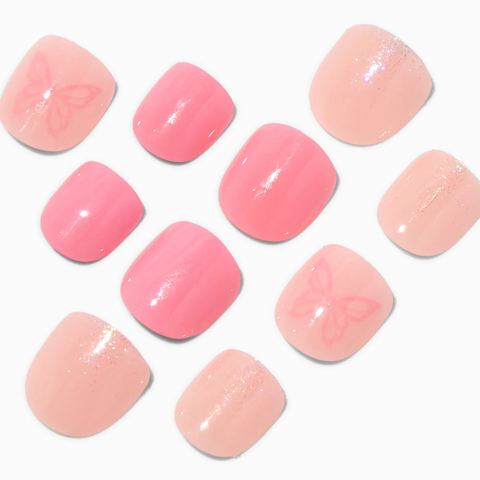 Claire's Ongles-Claire's Club Pink Butterfly Glitter Press On Vegan Faux Nail Set - 10 Pack