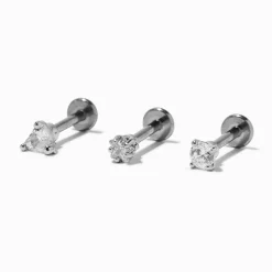 Claire's Clous D'oreilles|Bijoux Premium-Clous arrière plat pour piercing labret avec strass 1,2 mm zircon cubique d'imitation couleur titanée - Lot de 3