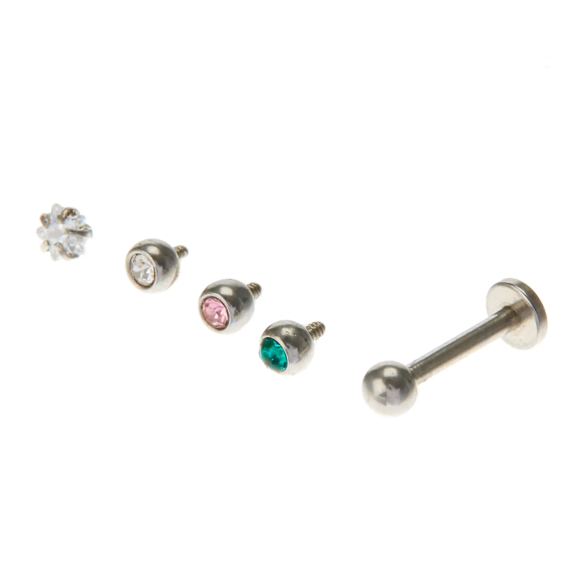 Claire's Clous D'oreilles|Bijoux De Piercing-Clous arrière plat pour piercing labret avec zircon cubique d'imitation pastel détachables 1,2 mm couleur argentée - Lot de 5