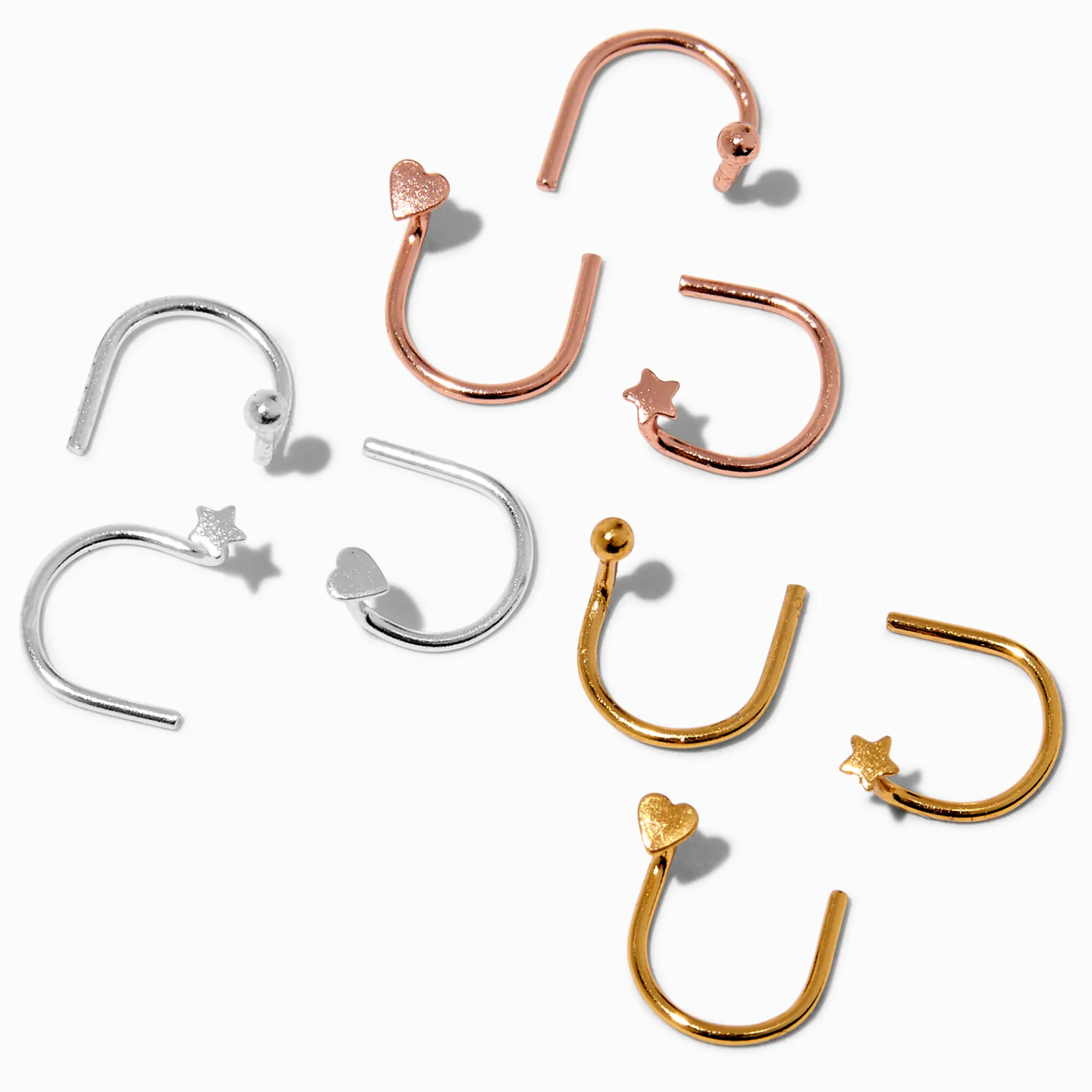 Claire's Bijoux De Piercing-Clous de nez en forme de U boules, cœurs, étoile couleur argentée en métaux mixtes - Lot de 9