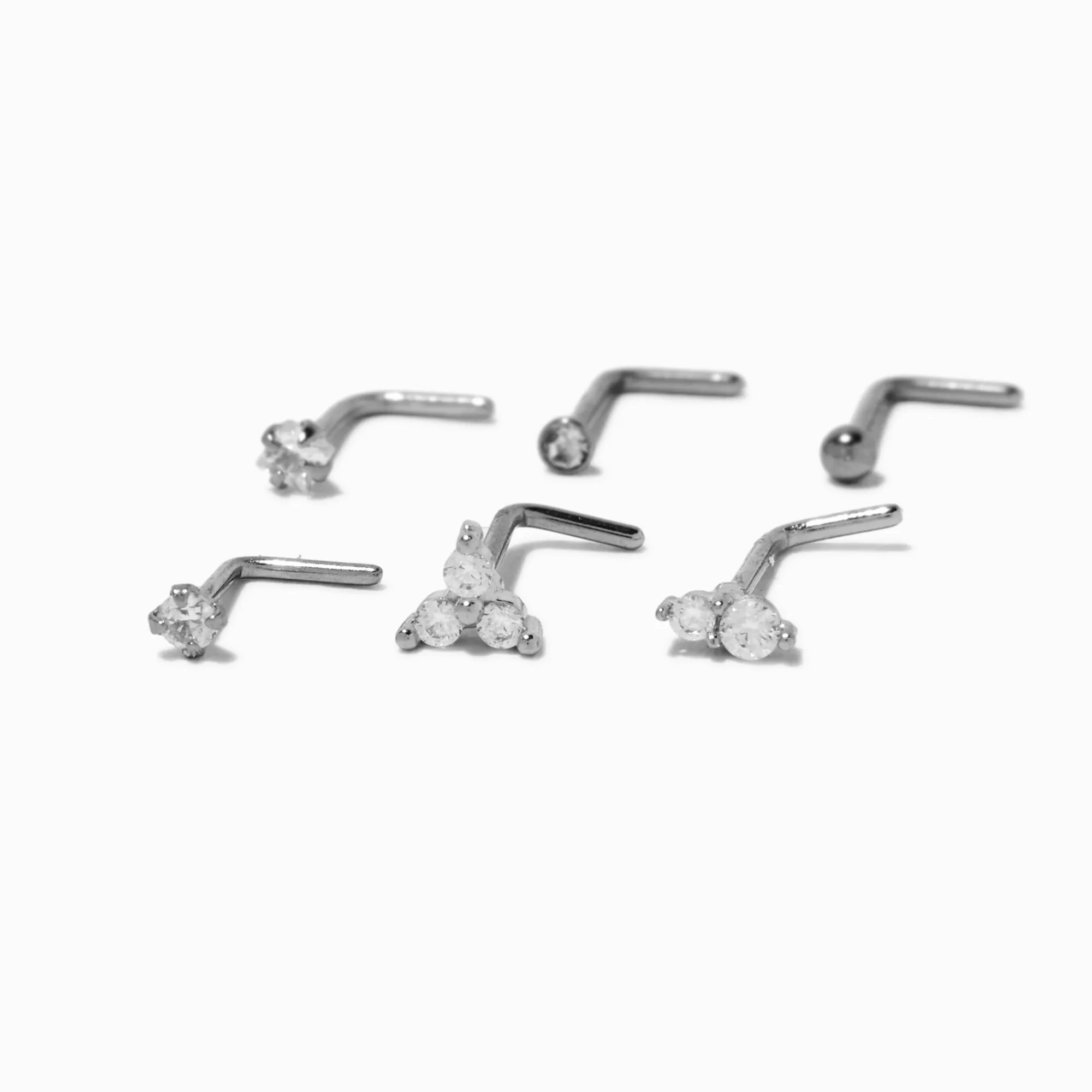 Claire's Bijoux De Piercing-Clous de nez 0,8 mm bling-bling aux designs variés en zircon cubique et acier inoxydable couleur argentée - Lot de 6