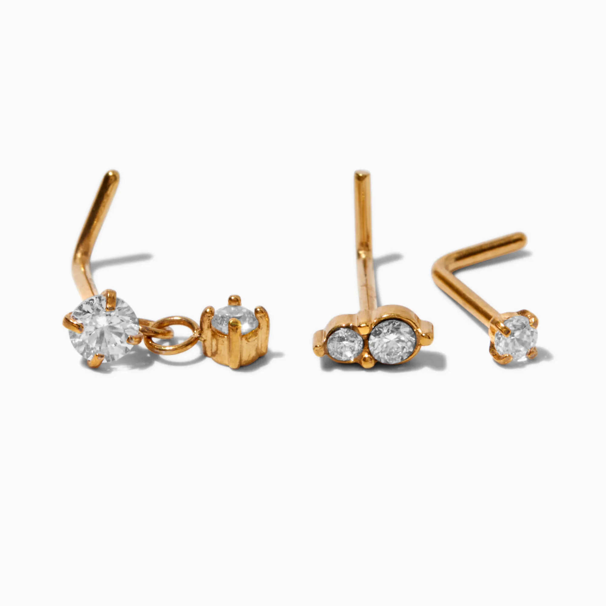 Claire's Bijoux De Piercing-Clous de nez 0,8 mm pendants en zircon cubique et acier inoxydable couleur dorée - Lot de 3