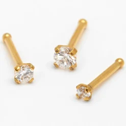 Claire's Clous D'oreilles|Bijoux Premium-Clous de nez à tailles progressives 0,8 mm avec zircon cubique en titane couleur dorée - Lot de 3