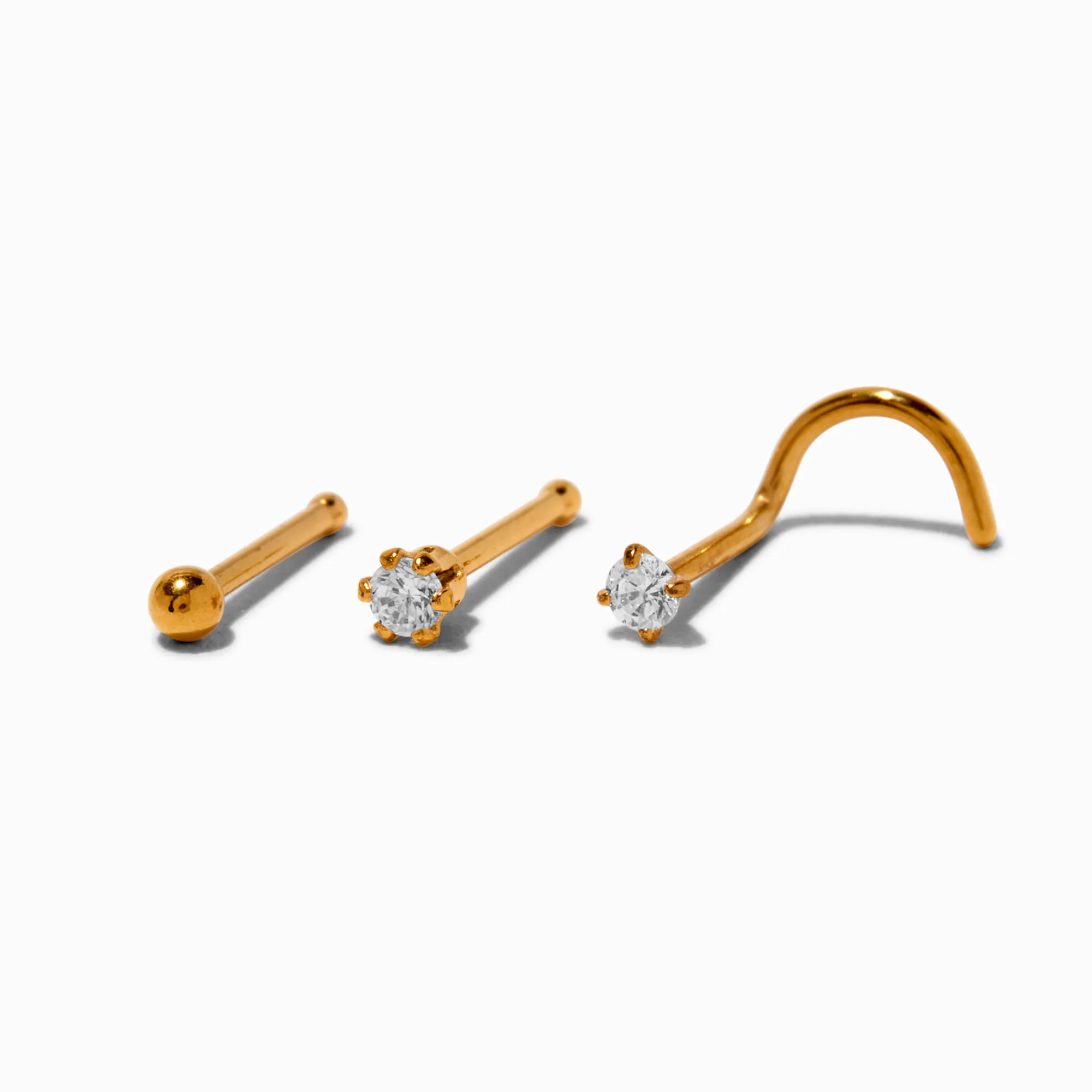 Claire's Bijoux De Piercing-Clous de nez zircon cubique 0,8 mm en acier inoxydable couleur dorée - Lot de 3