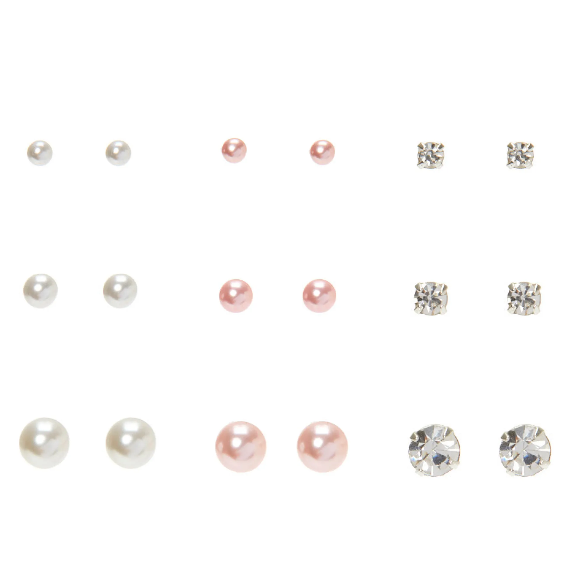 Claire's Clous D'oreilles-Clous d’oreille de différentes tailles avec perles d'imitation couleur argenté - Lot de 9