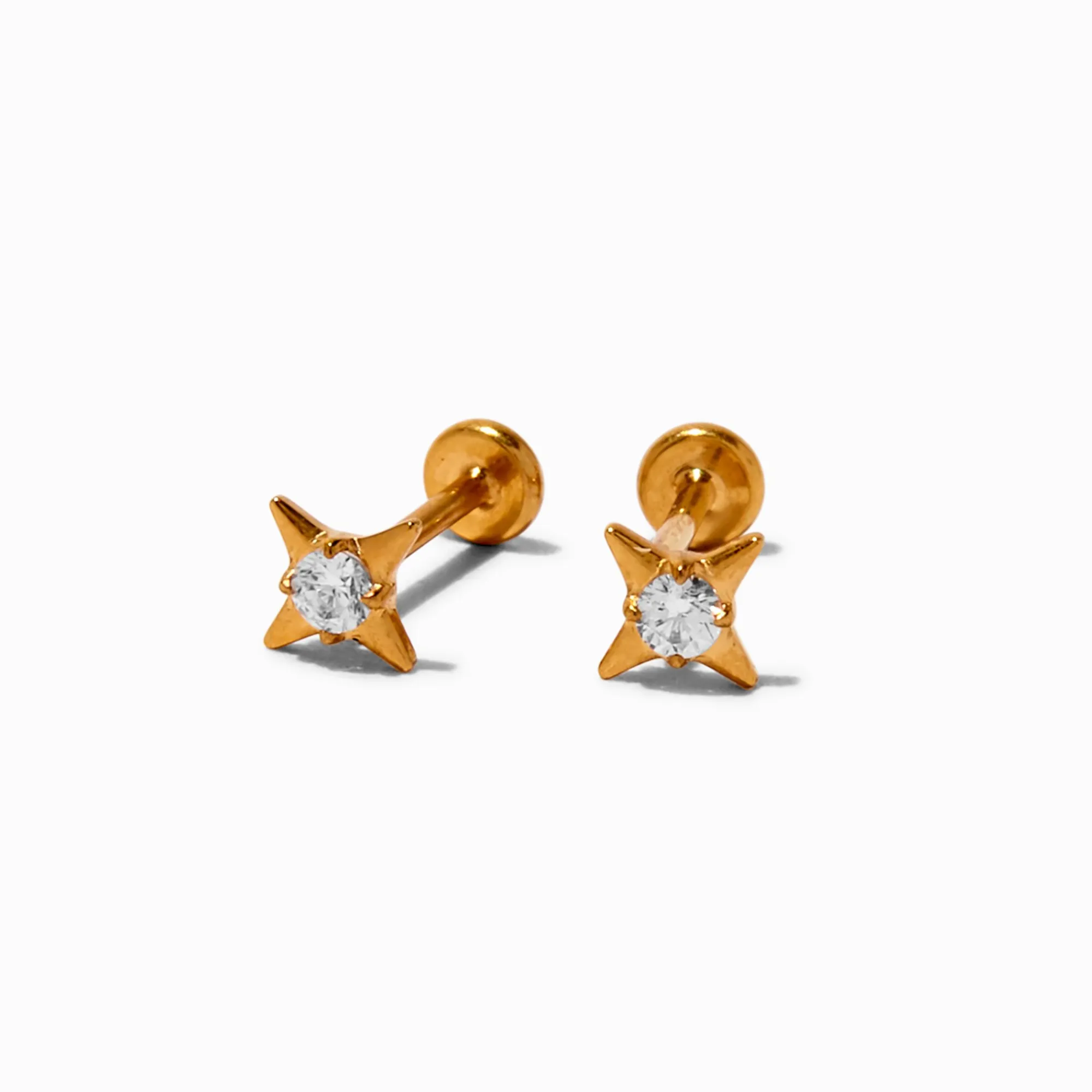 Claire's Clous D'oreilles|Bijoux Premium-Clous d’oreilles à arrière plat étoile rayonnante zircon cubique titane couleur dorée C LUXE by Claire’s