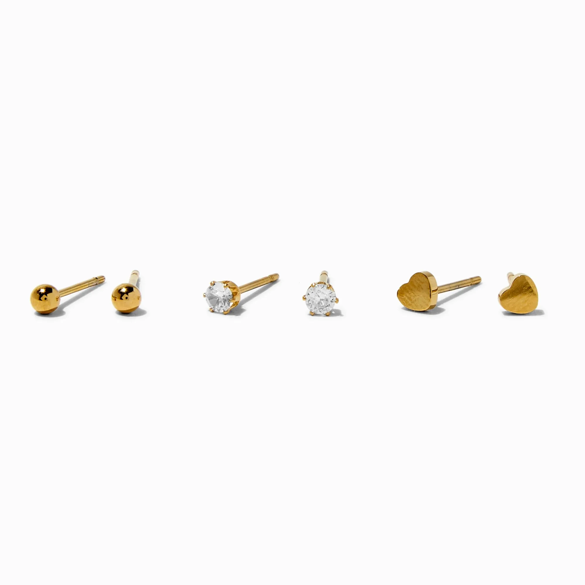 Claire's Clous D'oreilles|Bijoux Premium-Clous d’oreilles cœur en zircon cubique et acier inoxydable couleur dorée - Lot de 3