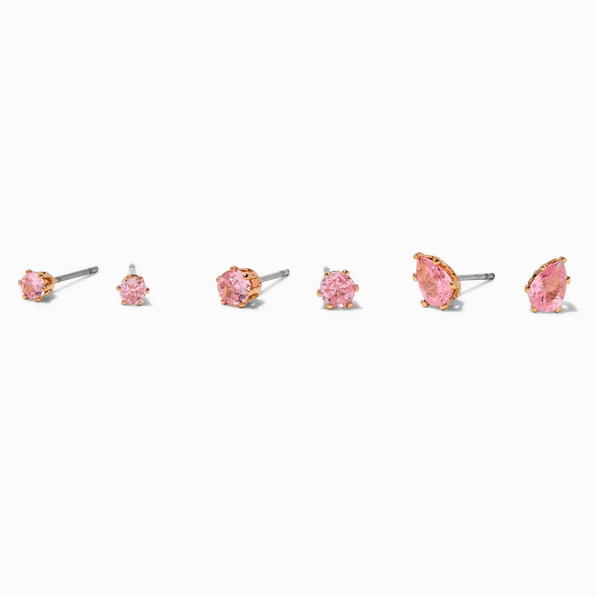Claire's Clous D'oreilles-Clous d’oreilles goutte et forme ronde en zircon cubique rose couleur dorée - Lot de 3