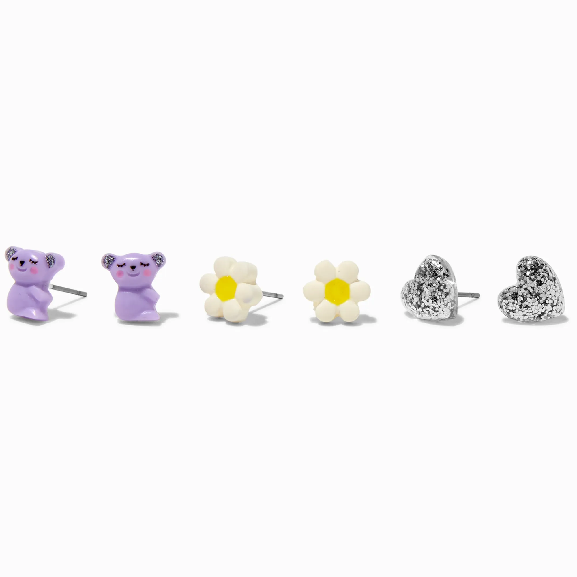 Claire's Clous D'oreilles-Clous d’oreilles paresseux, marguerite, cœur - Lot de 3