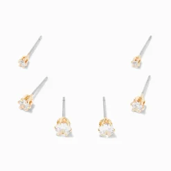 Claire's Clous D'oreilles-Clous d’oreilles ronds avec strass en zircon cubique d’imitation couleur dorée - 2 mm, 3 mm, 4 mm