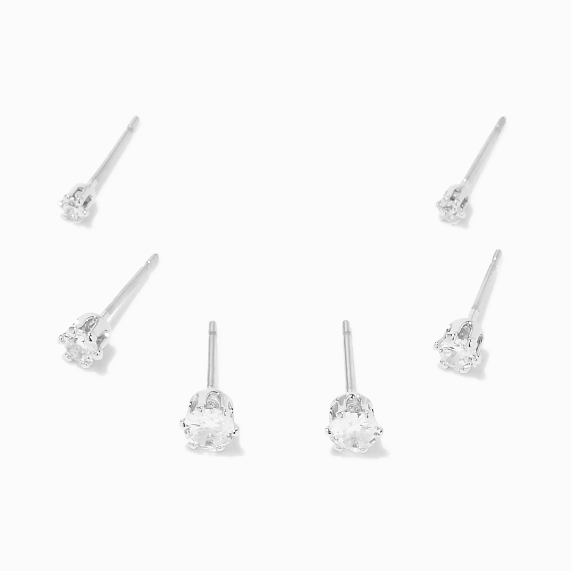 Claire's Clous D'oreilles-Clous d’oreilles ronds ornés en zircon cubique d’imitation couleur argentée - 2 mm, 3 mm, 4 mm
