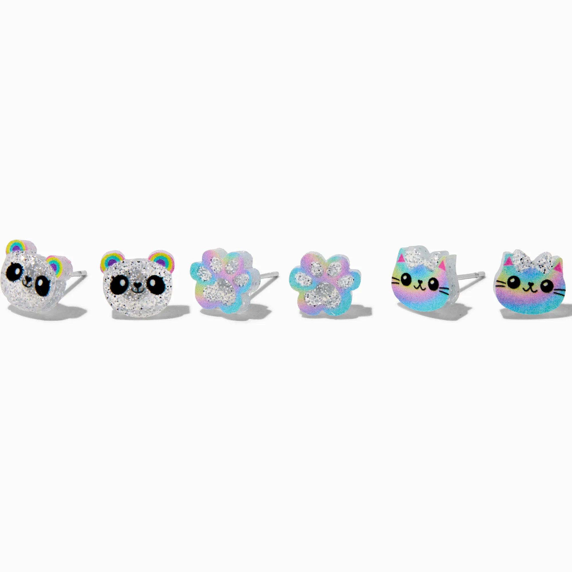 Claire's Clous D'oreilles-Clous d'oreilles acrylique panda, chat et patte à paillettes - Lot de 3