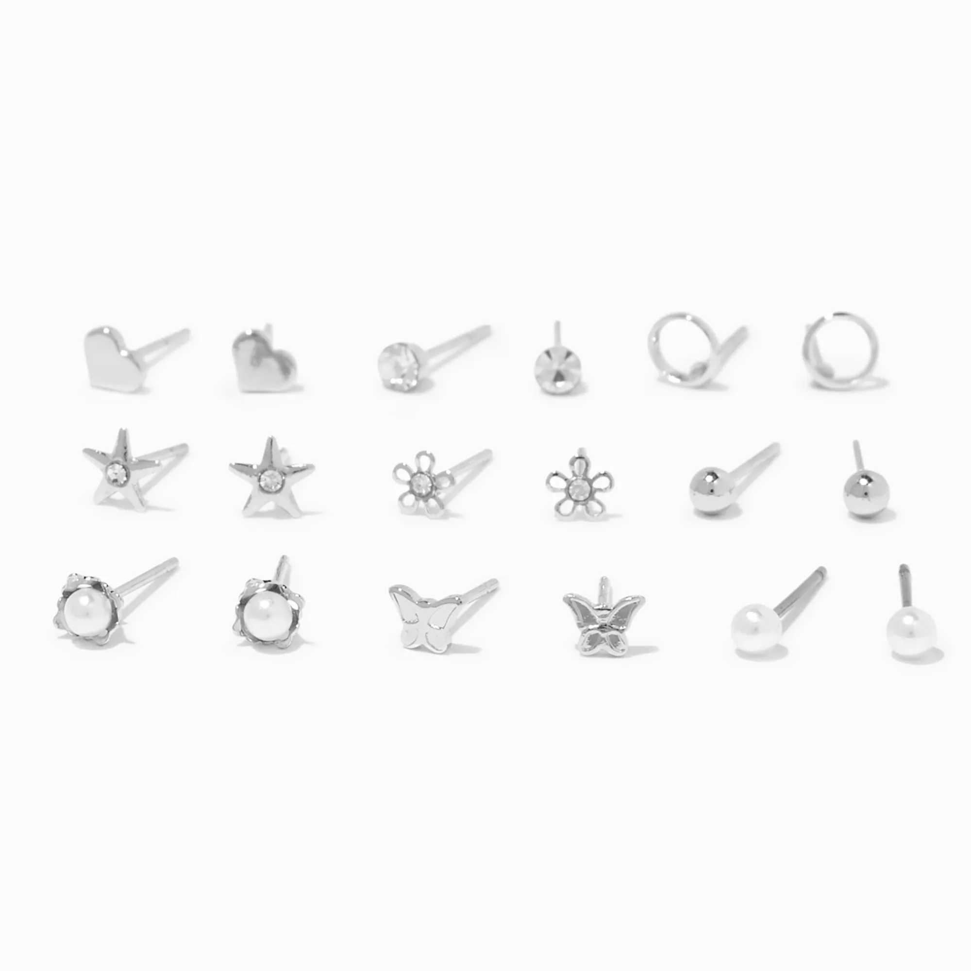 Claire's Clous D'oreilles-Clous d'oreilles aux designs variés fleurs et perles d'imitation couleur argentée - Lot de 9