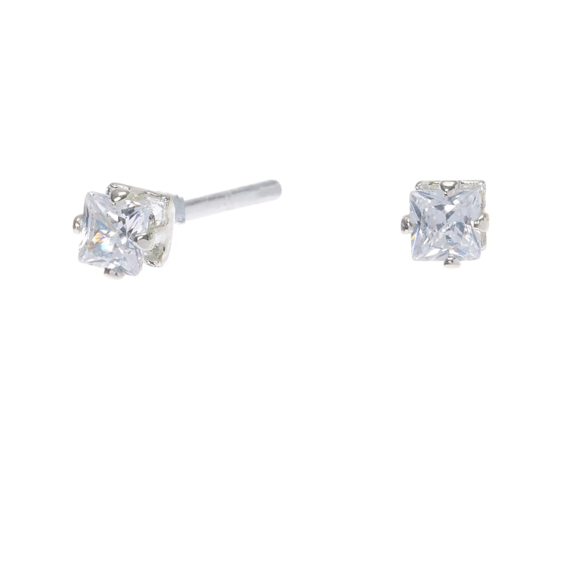Claire's Clous D'oreilles-Clous d'oreilles carrés avec strass en zircon cubique d'imitation couleur argentée - 3 mm