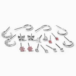 Claire's Clous D'oreilles-Clous d'oreilles couleur argentée aux designs mixtes fleur rose - Lot de 9