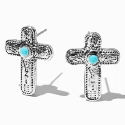 Claire's Clous D'oreilles-Clous d'oreilles cowgirl croix en filigrane couleur argentée