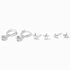 Claire's Anneaux|Clous D'oreilles-Clous d'oreilles et créoles coquillages couleur argentée C LUXE by Claire’s - Lot de 3