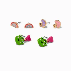 Claire's Clous D'oreilles-Clous d'oreilles grenouille, champignon et arc-en-ciel - Lot de 3