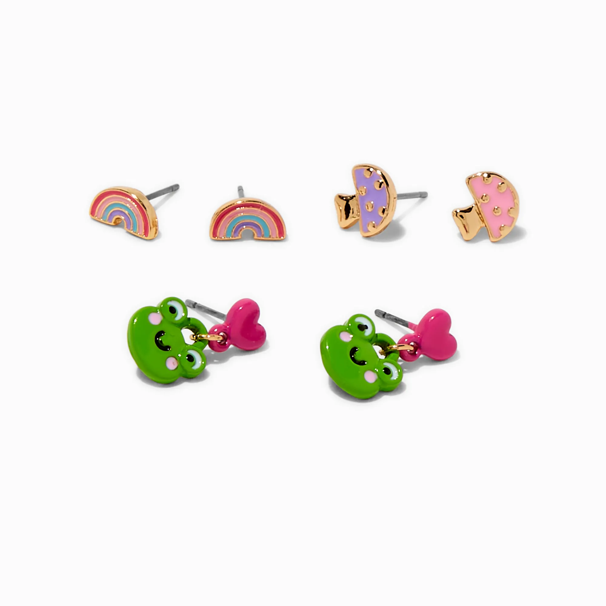 Claire's Clous D'oreilles-Clous d'oreilles grenouille, champignon et arc-en-ciel - Lot de 3