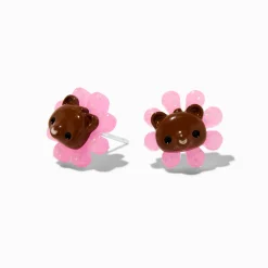 Claire's Clous D'oreilles|Bijoux Premium-Clous d'oreilles ours fleur rose phosphorescents avec tige couleur argentée C LUXE by Claire's