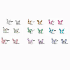 Claire's Clous D'oreilles-Clous d'oreilles papillon strass colorés - Lot de 9