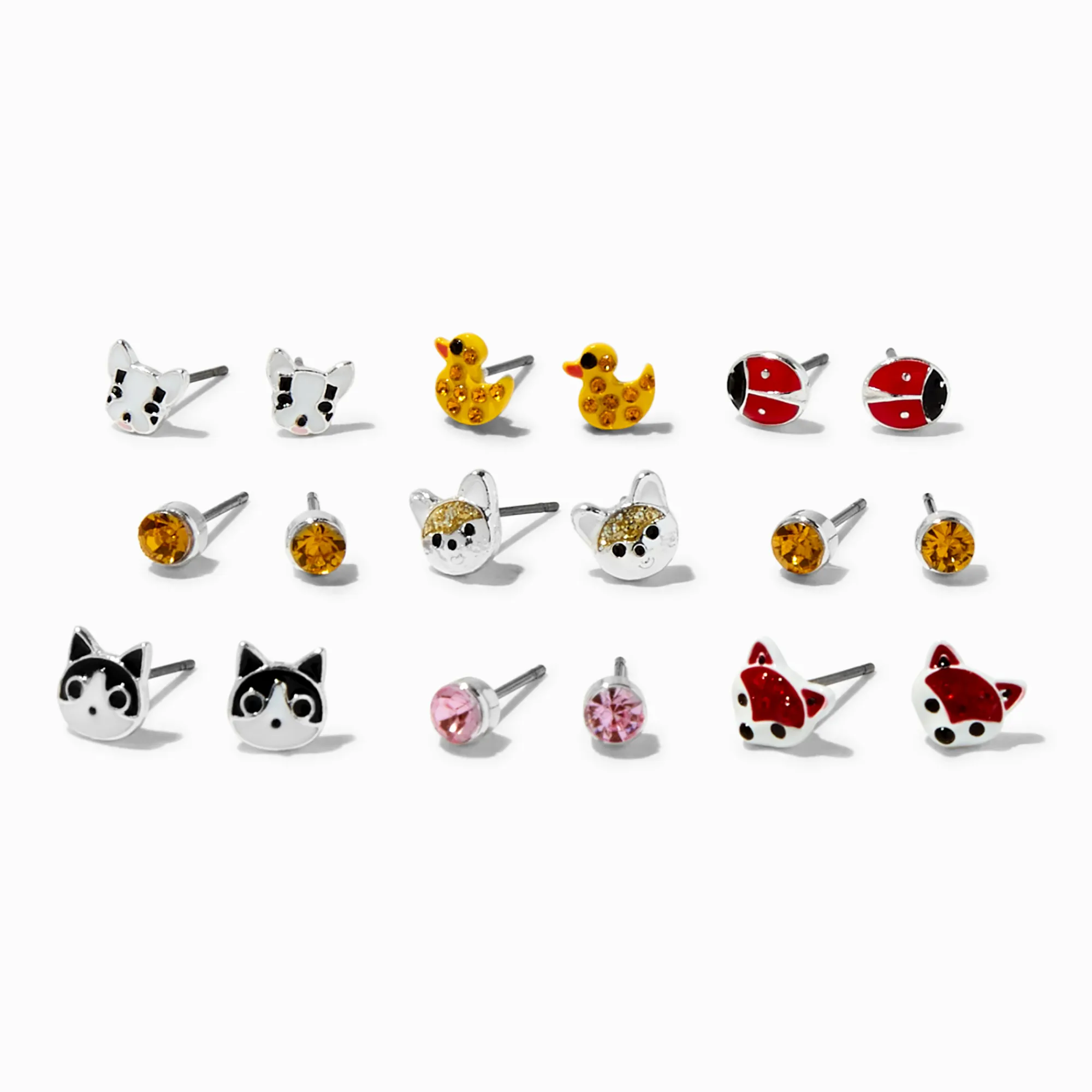 Claire's Clous D'oreilles-Clous d'oreilles petits animaux strass couleur argentée - Lot de 9