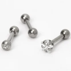 Claire's Bijoux Premium|Bijoux De Piercing-Clous d'oreilles pour piercing de cartilage étoile et strass 1,2 mm couleur titanée et couleur argentée - Lot de 3