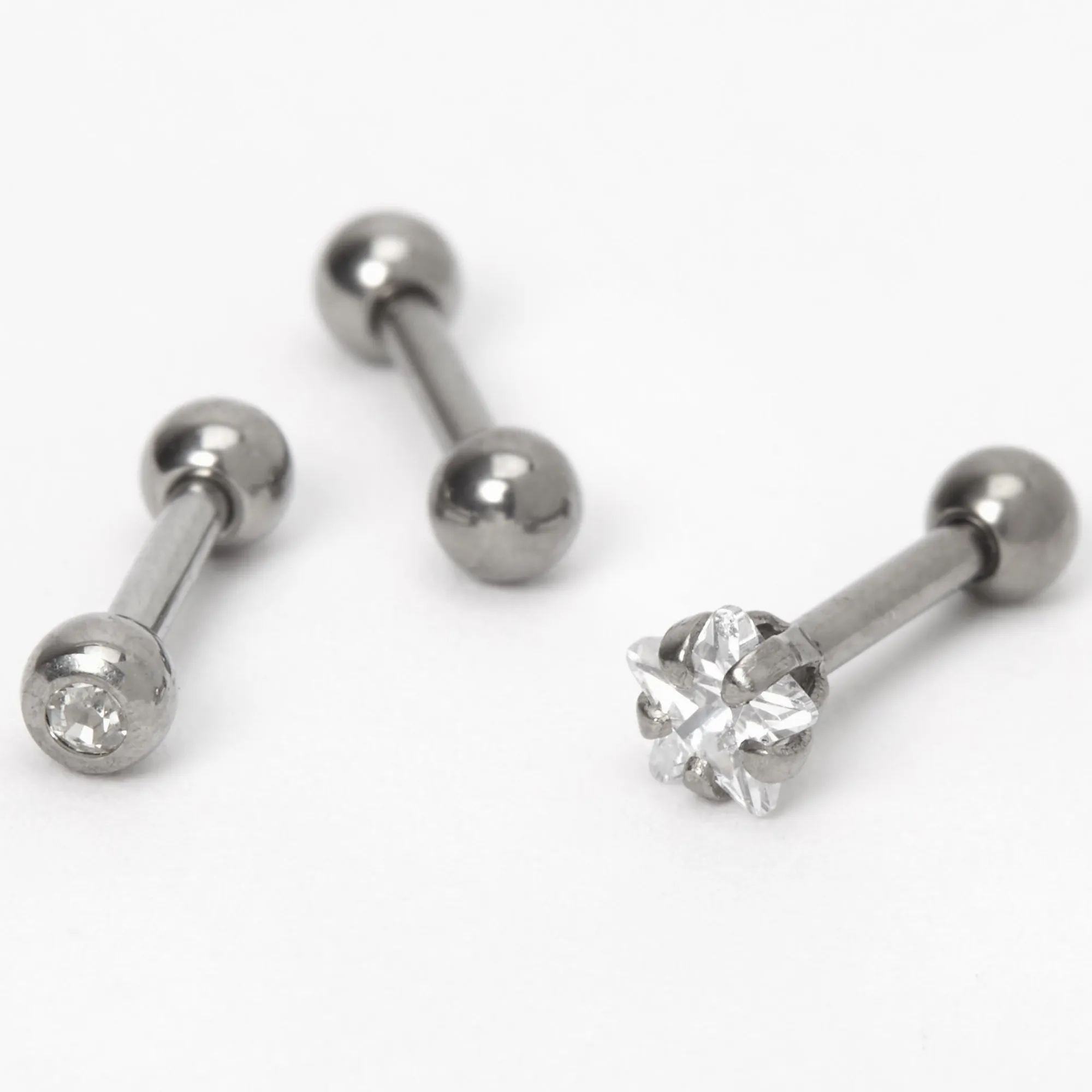 Claire's Bijoux Premium|Bijoux De Piercing-Clous d'oreilles pour piercing de cartilage étoile et strass 1,2 mm couleur titanée et couleur argentée - Lot de 3