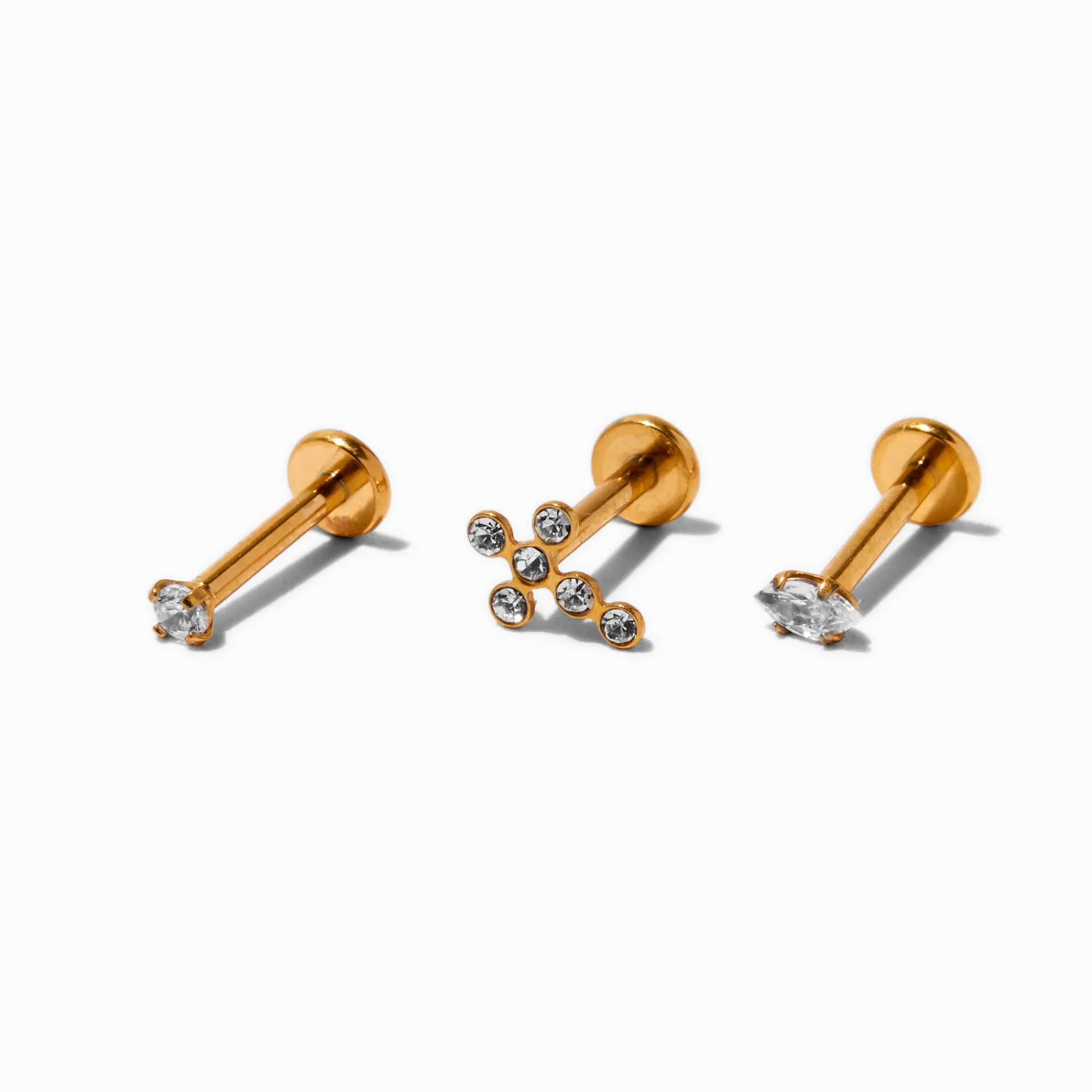 Claire's Bijoux De Piercing-Clous d'oreilles pour piercing cartilage croix en zircon cubique d'imitation 1,2 mm en titane couleur dorée - Lot de 3