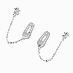Claire's Clous D'oreilles-Clous d'oreilles reliés par une chaîne étoile rayonnante et épingle à nourrice couleur argentée