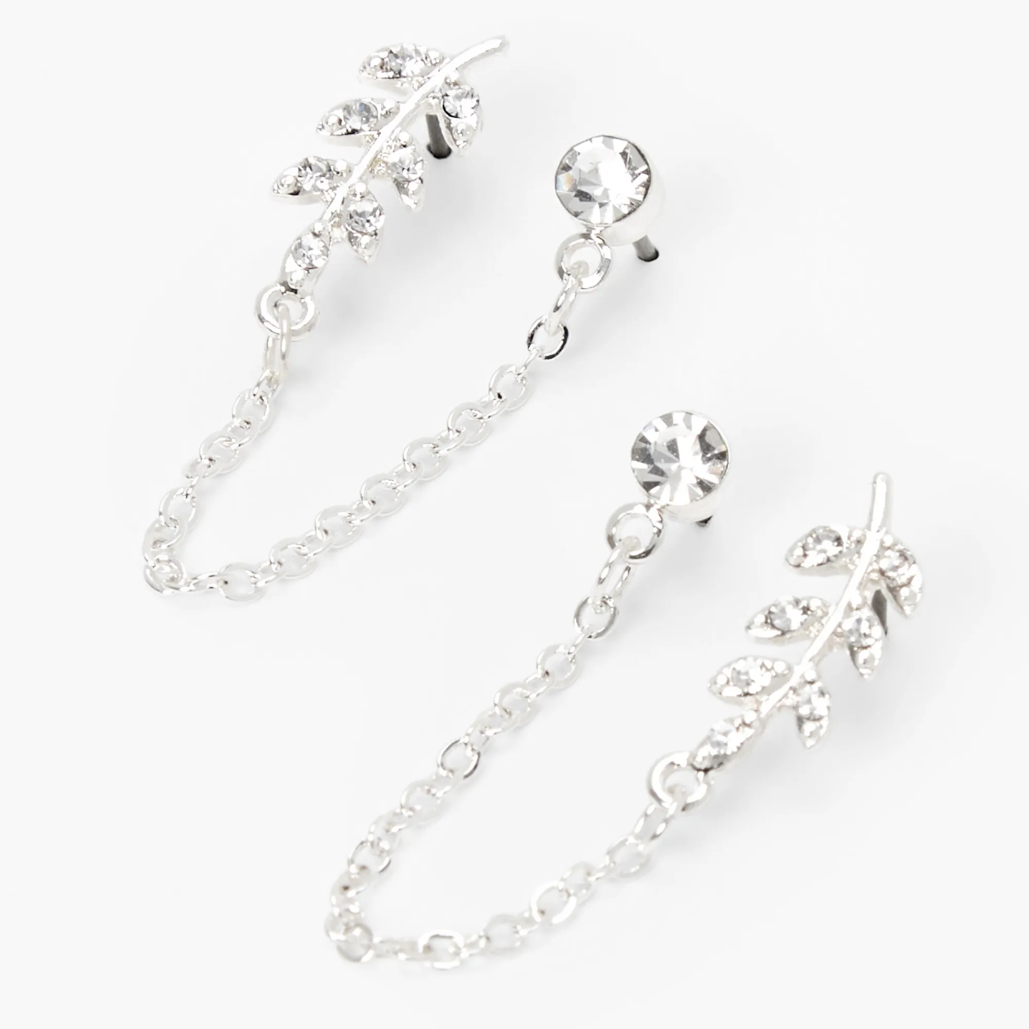Claire's Clous D'oreilles-Clous d'oreilles reliés par une chaîne feuille et strass couleur argentée