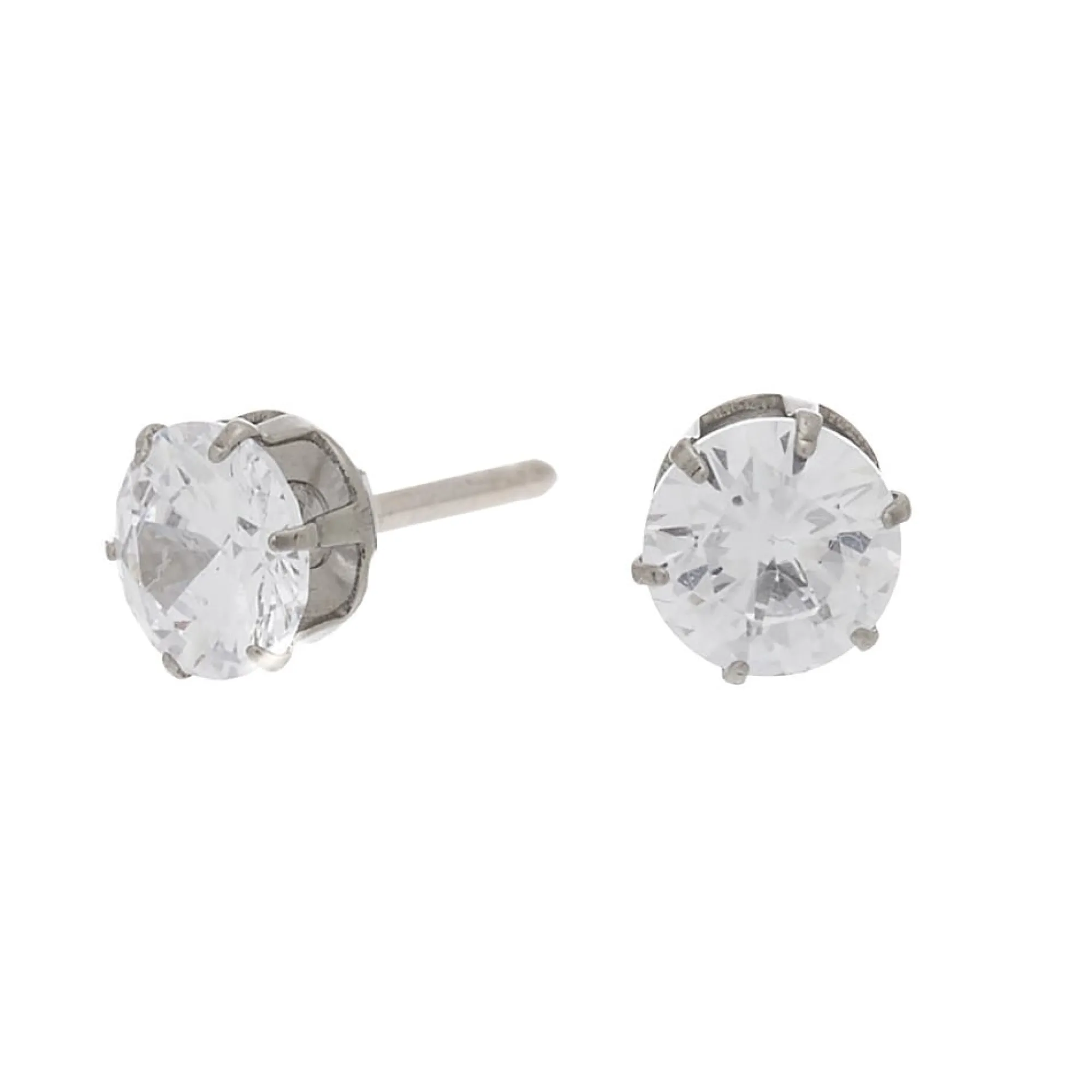 Claire's Clous D'oreilles|Bijoux Premium-Clous d'oreilles ronds avec strass en zircon cubique et titane couleur argentée - 6 mm - Collection C Luxe