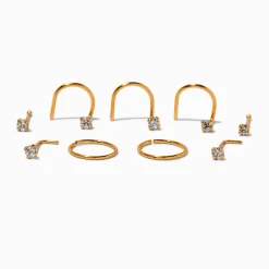 Claire's Clous D'oreilles|Bijoux Premium-Clous et anneaux pour piercing de nez avec zircon cubique 0,6 mm en titane couleur dorée - Lot de 9