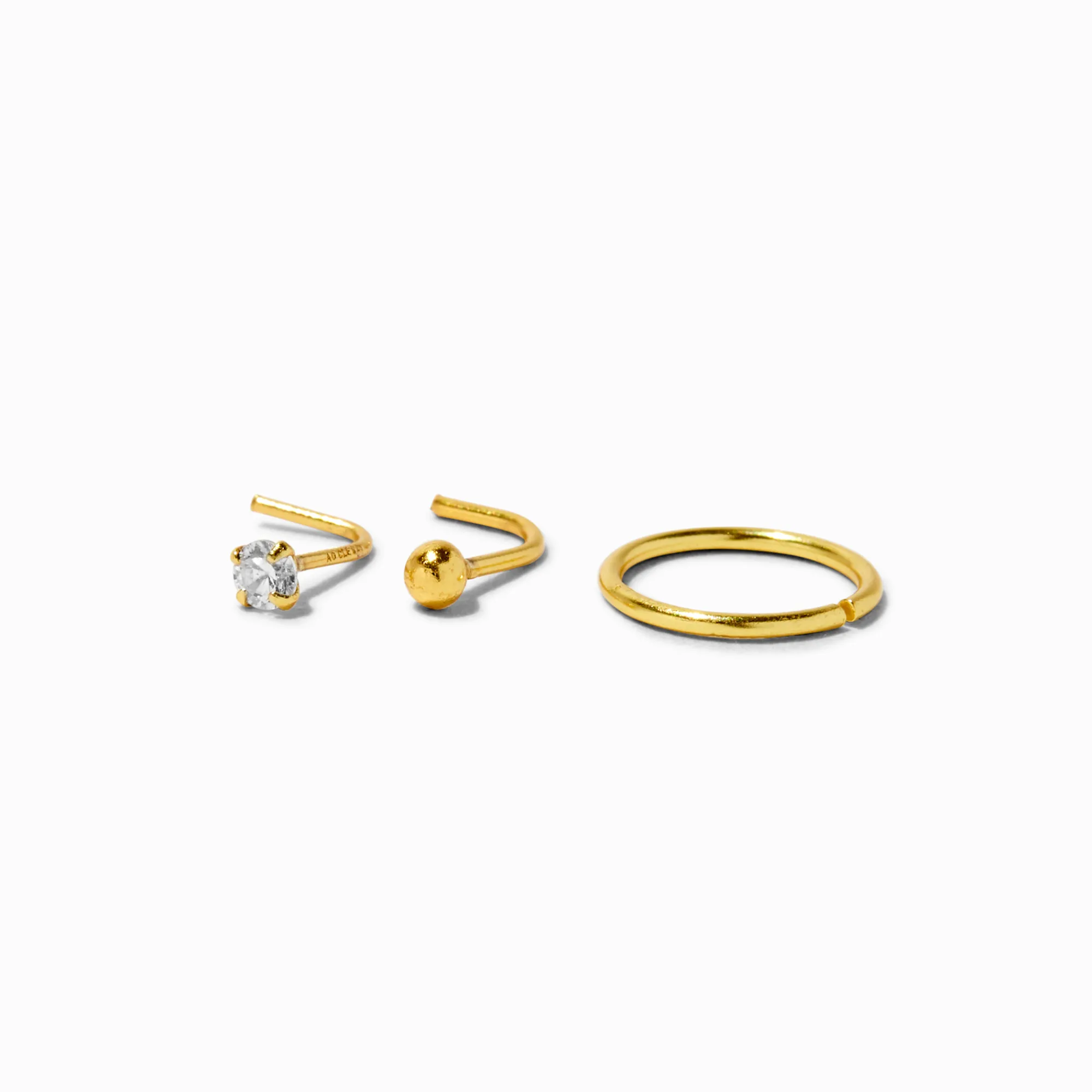 Claire's Bijoux De Piercing-Clous et anneaux pour piercing de nez 0,6 mm avec zircon cubique couleur argentée et couleur dorée - Lot de 3