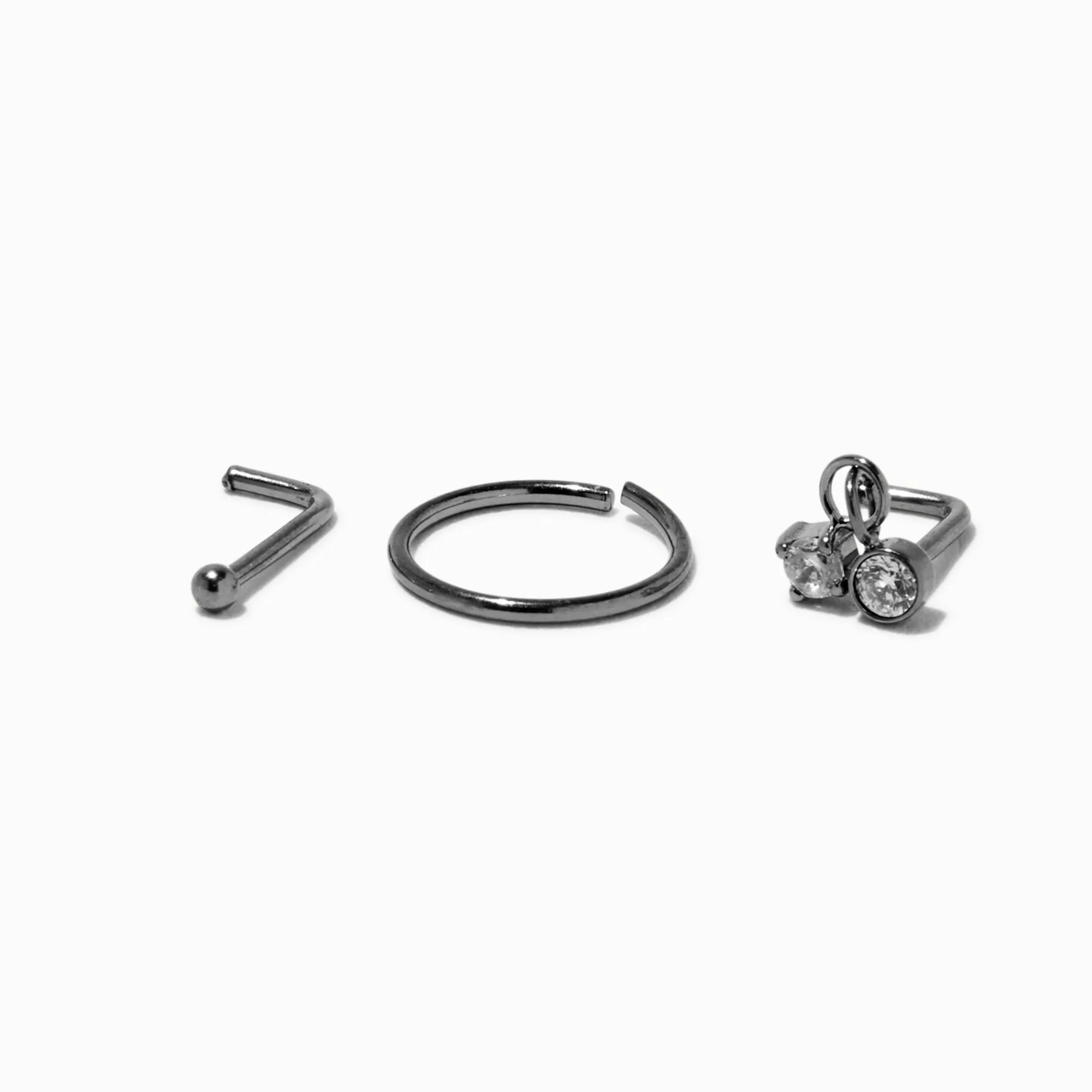 Claire's Bijoux De Piercing-Clous et anneaux pour piercing de nez 0,8 mm avec pendentif en zircon cubique en titane couleur argentée - Lot de 3