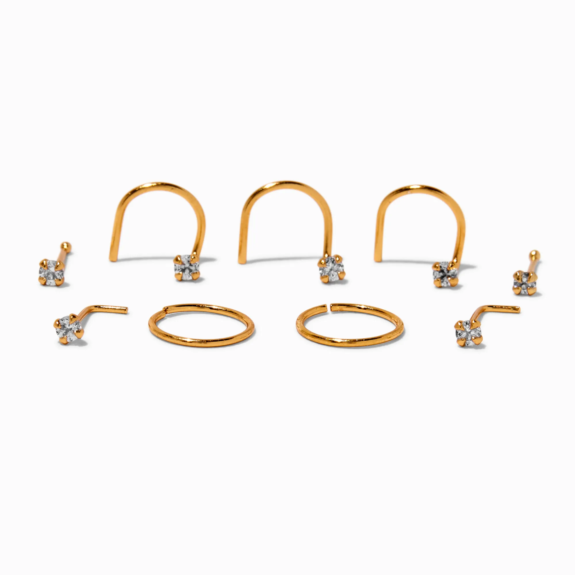 Claire's Bijoux De Piercing-Clous et anneaux pour piercing de nez 0,6 mm avec zircon cubique couleur argentée et couleur dorée - Lot de 9