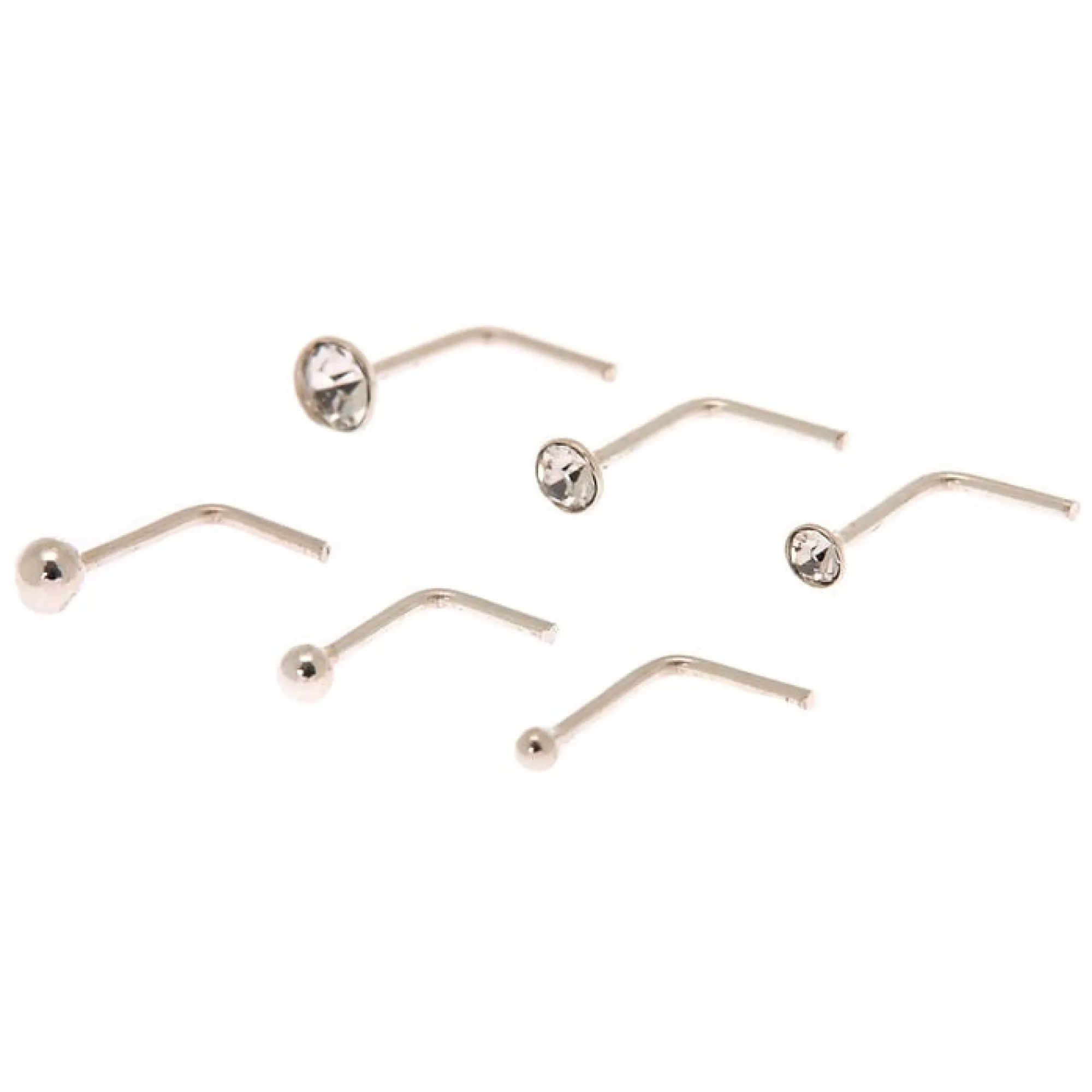 Claire's Bijoux Premium|Bijoux De Piercing-Clous pour piercing de nez avec boules et strass 0,6 mm de différentes tailles couleur argentée - Lot de 6